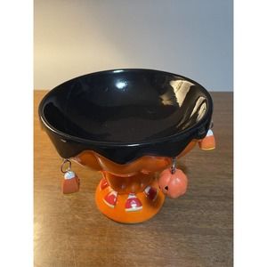 Ceramic Pedestal Halloween Pumpkin Candy Dish with hanging Pumpkins & Candy Corn